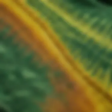 Close-up of the unique patterns on a green and yellow tie dye shirt