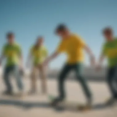 A group of skaters showcasing their green and yellow tie dye shirts while performing tricks