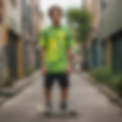 A vibrant green and yellow tie dye shirt displayed in an urban skateboard setting