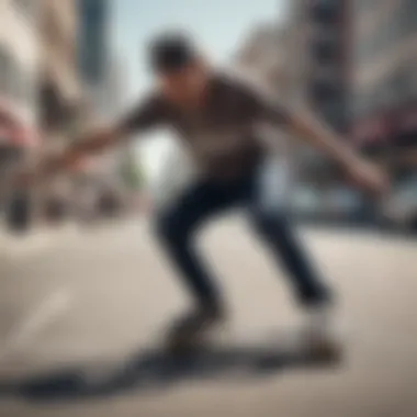 Skitching in Action A skateboarder expertly executing a skitching maneuver on a bustling street.