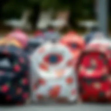A collection of small floral backpacks in various colors, highlighting trendy designs and styles.