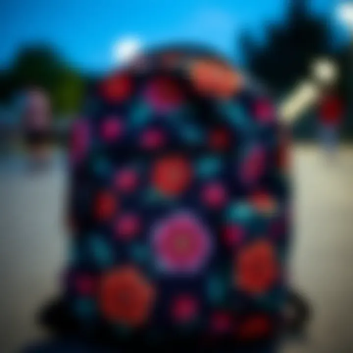 An intricate close-up of a small floral backpack showcasing its unique patterns and textures.