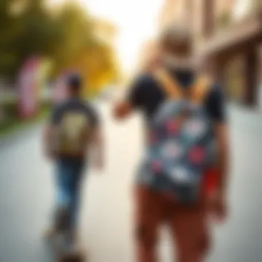 A skater carrying a small floral backpack, demonstrating its practicality and integration into personal style.