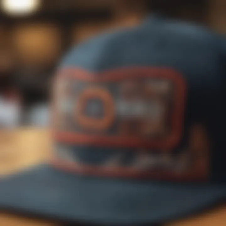 Close-up of a snapback trucker cap with intricate embroidery