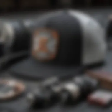 Snapback Cap and Skate Gear Ensemble A stylish arrangement of a snapback trucker cap alongside skateboarding gear