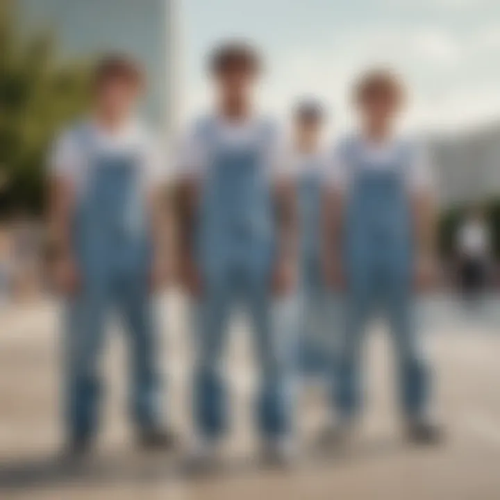 A group of skaters wearing lightwash denim overalls in an urban setting