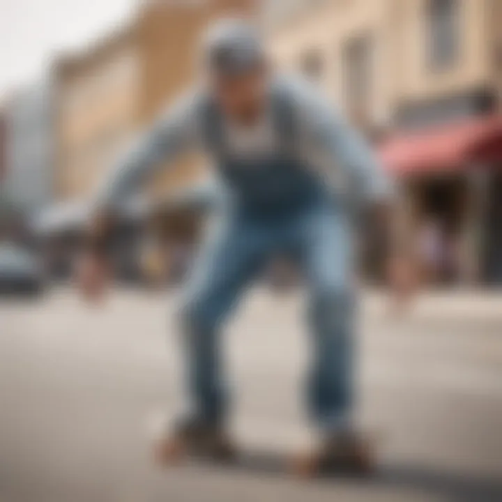 A skateboarder performing tricks while wearing lightwash denim overalls