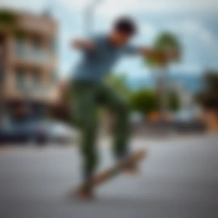 Skater performing tricks while wearing olive green cargo pants