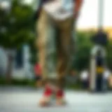 Stylish olive green cargo pants paired with skate shoes