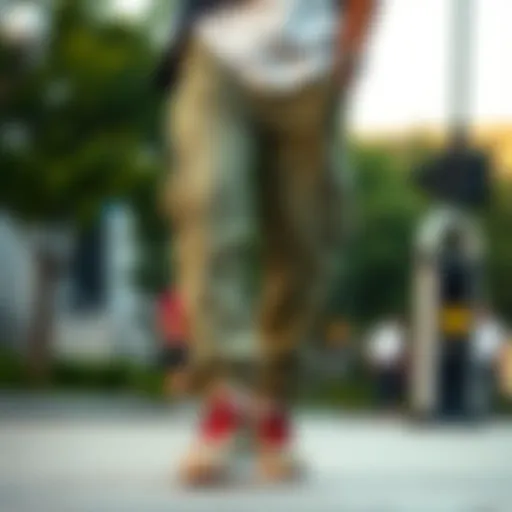 Stylish olive green cargo pants paired with skate shoes