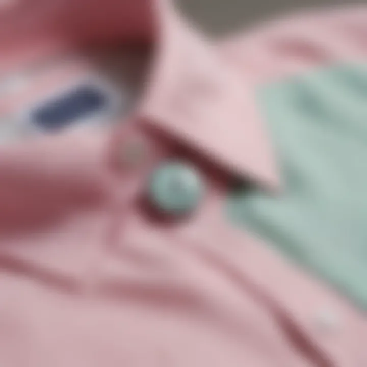 Close-up of the fabric texture of a pastel button down shirt, highlighting comfort and style.