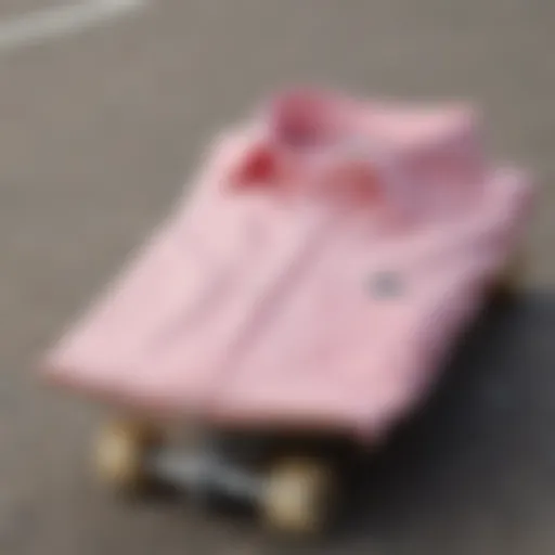 A vibrant pastel button down shirt displayed on a skateboard, showcasing its integration into skate culture.