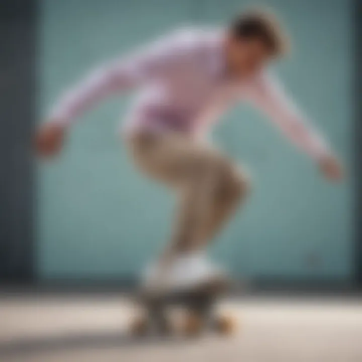 A skater performing tricks in a pastel button down shirt, demonstrating its practical benefits.