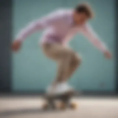 Skater Performing Tricks in Pastel Shirt A skater performing tricks in a pastel button down shirt, demonstrating its practical benefits.