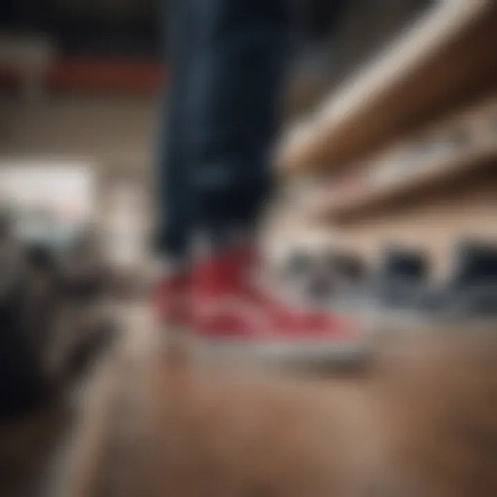 A skateboarder trying on a new pair of vans in a specialized store