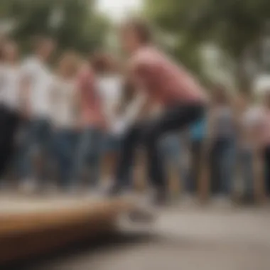 Group of skaters showcasing varied styles with Rose Platform Converse