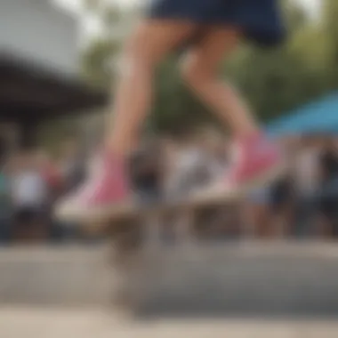 A skater performing a trick while wearing Rose Platform Converse