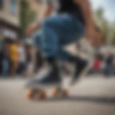 Performance in Action: EastBay Skate Shoes at Play Skater performing tricks while wearing EastBay skate shoes