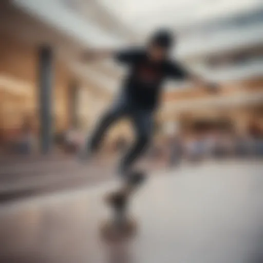 A skater performing a mall grab in an urban setting