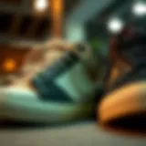 A close-up view of mid-top skate shoes showcasing their unique design features.