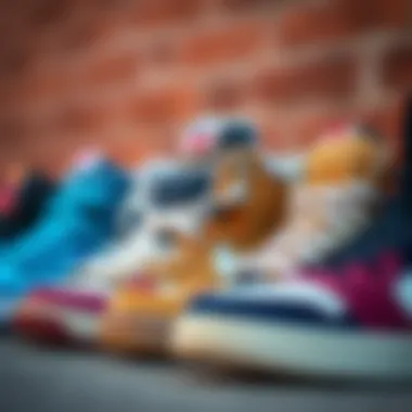 A variety of mid-top skate shoes lined up to show different styles and colors.
