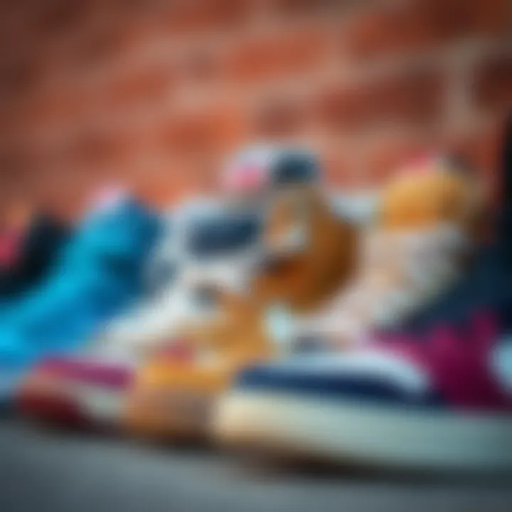 A variety of mid-top skate shoes lined up to show different styles and colors.