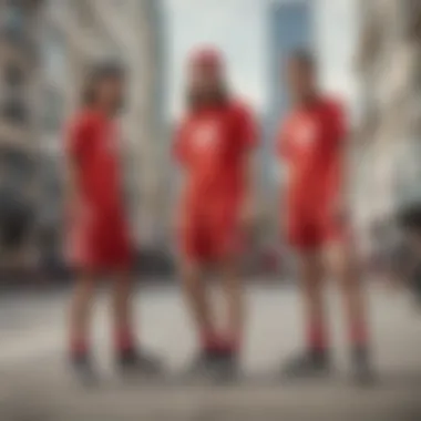 Group of skaters wearing red Adidas shorts in urban environment