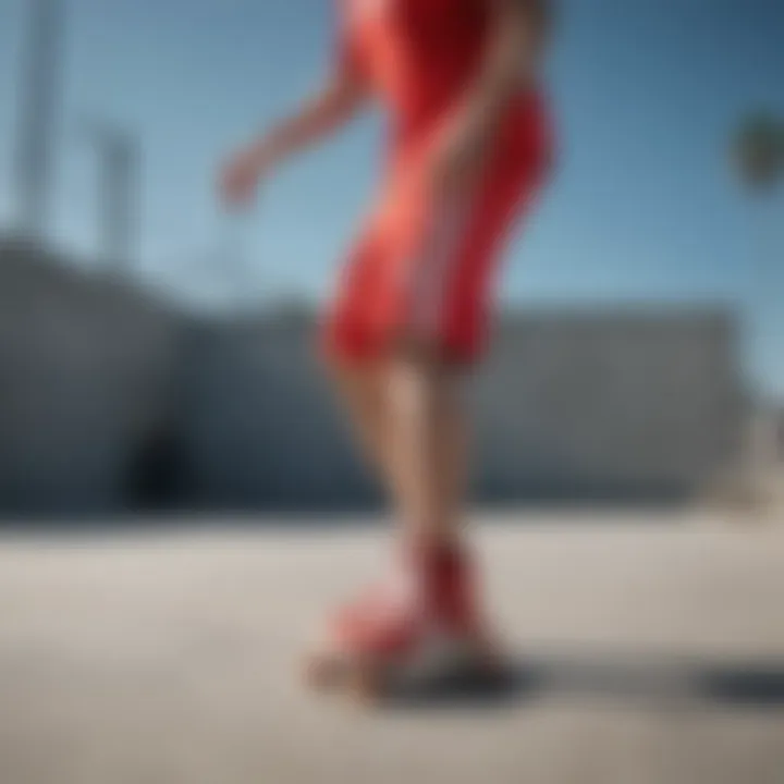 Skater performing tricks in red Adidas shorts