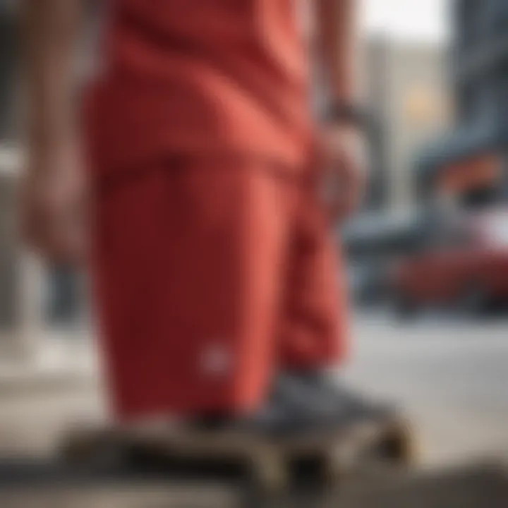 Vibrant red Adidas shorts showcased against a skateboard