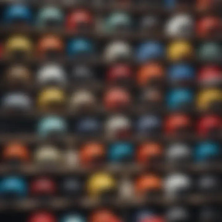 An array of different sweatsaver helmets arranged to display various styles and colors.