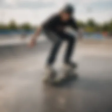 A skateboarder wearing a sweatsaver helmet while performing a trick in a skatepark.