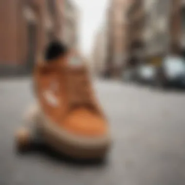 Vans shoes on a skateboard in an urban setting