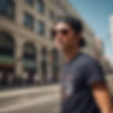 Urban backdrop with skater wearing electric sun glasses