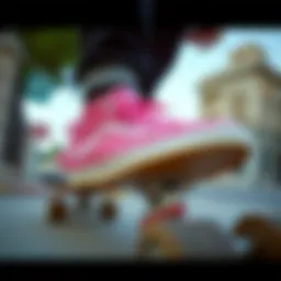 Vans pink shoes on a skateboard in an urban setting