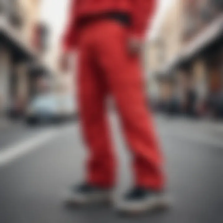 Variety of red cargo pants styles displayed on a street