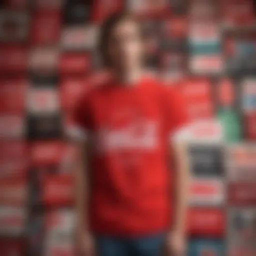 A collection of vintage Coke shirts displayed on a vibrant background, showcasing various designs