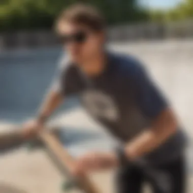 Skateboarder wearing Wayfarer polarized sunglasses in an urban skate park